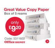 Copy Paper - Box of 5 Reams only £9.20. Code 5311602. Office Depot